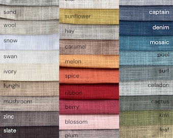 May include: A fabric swatch card with 24 different fabric samples. The samples are arranged in three columns of eight swatches each. The swatches are labeled with names such as "fossil", "star", "steel", "sand", "captain", "sunflower", "wool", "denim", "hay", "snow", "mosaic", "caramel", "swan", "pool", "melon", "ivory", "surf", "spice", "funghi", "celadon", "ribbon", "mushroom", "cactus", "berry", "zinc", "kiwi", "blossom", "slate", "leaf", "plum", "mist", and "spring".