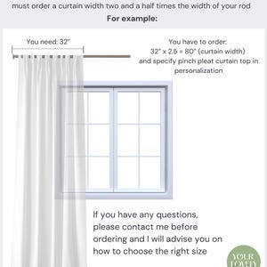 K&ouml;nnte beinhalten: Diagramm, das zeigt, wie man f&uuml;r Faltenvorh&auml;nge misst. Das Diagramm zeigt ein Fenster mit einer Stange von 32 Zoll und einer Vorhangbreite von 80 Zoll. Der Text lautet: "1.2 Pinch Pleat Curtains. If you want to order a pinch pleat curtain top (var. 1.2 pinch pleat) you must order a curtain width two and a half times the width of your rod. You need: 32". For example: You have to order: 32" x 2.5 = 80" (curtain width) and specify pinch pleat curtain top in personalisation. If you have any questions, please contact me before ordering and I will advise you on how to choose the right size. YOUR LOVELY Home Style"