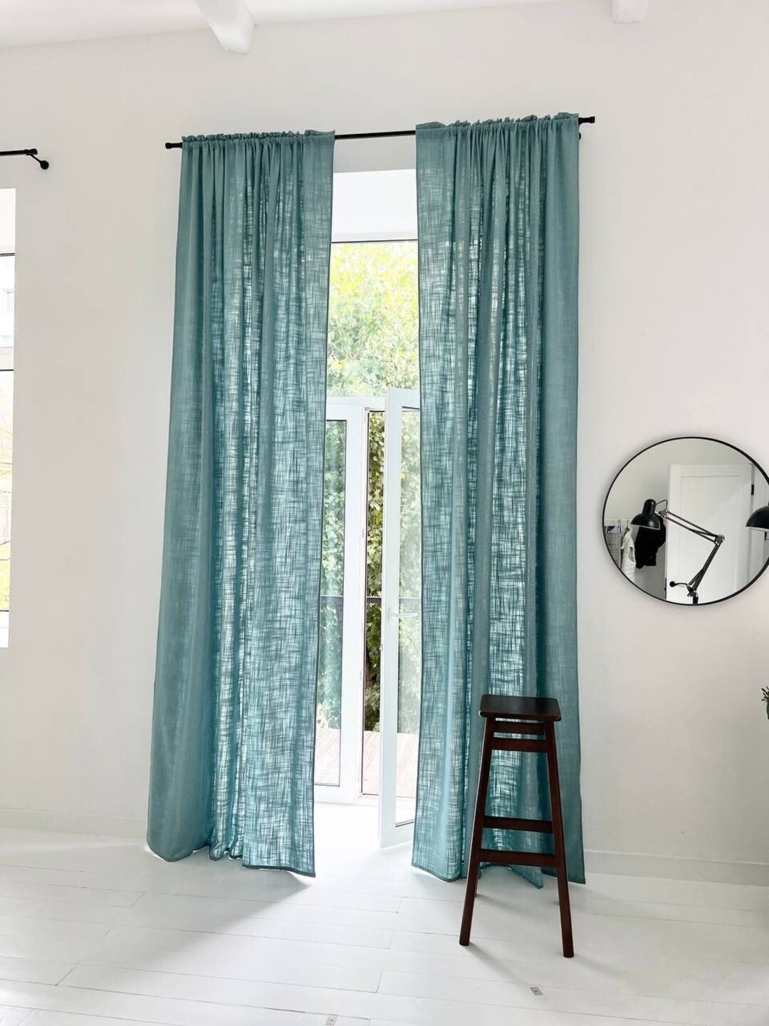 2 Panel Teal Blue Burlap Curtains / Custom Kitchen Farmstyle Curtain