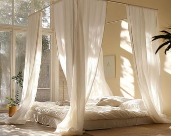 Linen canopy bed curtains / Custom curtains ties top on top / Lace Bed curtains queen / Sheer boho curtains / Сrib canopy kura bed drapery
