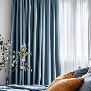 Custom pale blue velvet curtains for living room / Modern dusty blackout curtain panel bedroom / Teal retro pleated luxury drape extra long