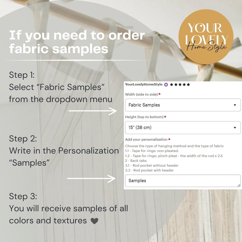 K&ouml;nnte beinhalten: Ein Screenshot einer Website mit Anweisungen zum Bestellen von Stoffmustern. Die Website hei&szlig;t "Your Lovely Home Style". Die Anweisungen besagen, dass Sie im Dropdown-Men&uuml; "Stoffmuster" ausw&auml;hlen und dann "Muster" in das Personalisierungsfeld schreiben. Die Website zeigt auch ein Dropdown-Men&uuml; zum Ausw&auml;hlen der Breite und H&ouml;he der Stoffmuster.