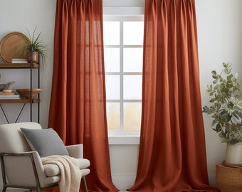 2 panels Rust red living room curtains / Pinch pleat burlap drapes farmhouse style / Extra long curtains / Linen blackout bedroom curtains