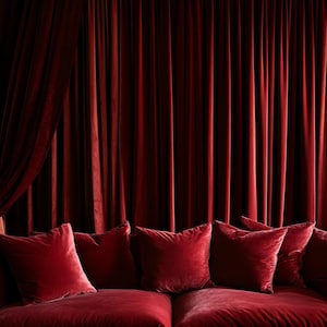 Puede incluir: Un lujoso sofá de terciopelo rojo con cojines a juego. El sofá está situado frente a cortinas de terciopelo rojo oscuro, creando un ambiente rico. Los cojines están colocados en el sofá.