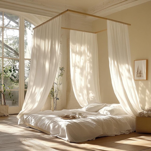 Сanopy bed curtains / Linen curtains tie top / Lace Bed canopy curtains queen / Sheer boho curtains Сrib canopy kura bed drapery ties on top