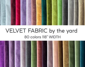 May include: A display of velvet fabric swatches in various colors, including shades of red, purple, green, and gray. The text "VELVET FABRIC by the yard" is displayed, along with "80 colors 118" WIDTH".