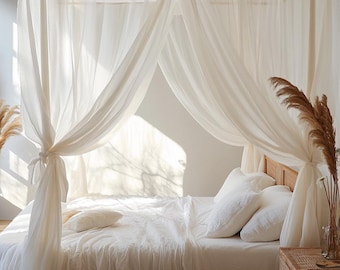 Сanopy bed curtains / Linen curtains tie top / Lace Bed canopy curtains queen / Sheer boho curtains Сrib canopy kura bed drapery ties on top