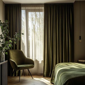 Custom dark olive velvet curtains for living room / Modern sage green blackout curtain panel bedroom / Retro pleated luxury drape extra long