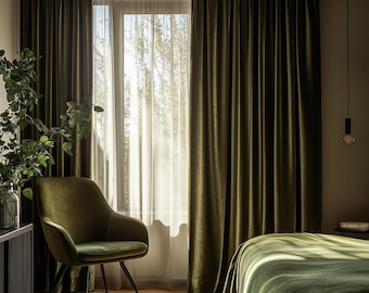 Olivgrüne Samtvorhänge für Wohnzimmer / Moderne salbeigrüne Verdunkelungsgardine Schlafzimmer / Retro plissierter Luxusvorhang extra lang