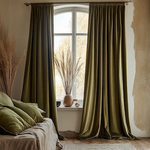 Custom dark olive velvet curtains for living room / Modern sage green blackout curtain panel bedroom / Retro pleated luxury drape extra long