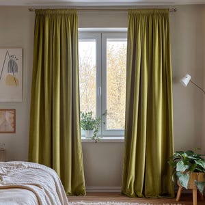 Custom dark olive velvet curtains for living room / Modern sage green blackout curtain panel bedroom / Retro pleated luxury drape extra long