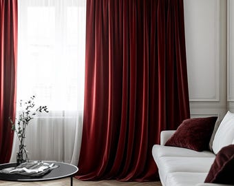 Cortinas de terciopelo rojo oscuro para sala de estar / Cortinas opacas personalizadas para dormitorio / Cortinas extra largas modernas de color burdeos / Cortina retro de lujo