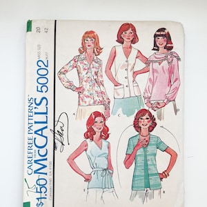 May include: A sewing pattern for a set of blouses. The pattern includes four different styles of blouses, each with a different neckline and sleeve length. The pattern is for misses' sizes 20-42.