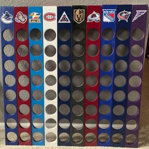 8 Hockey Puck (Pick YOUR TEAM/Colors) VERTICAL Wall hanging Display