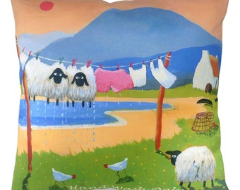 Hand Wash Only Cushion Cover | Thomas Joseph - Sheep Artwork - 42cm x 42cm – Made in the UK - No Filler Included