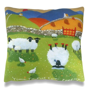 Time To Put Ewer Feet Up Cushion Cover | Thomas Joseph - Sheep Artwork - 42cm x 42cm – Made in the UK - No Filler Included