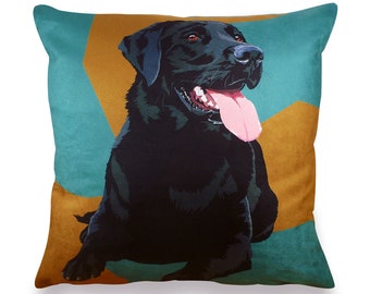 Black Labrador Cushion Cover | Leslie Gerry - Animal Artwork - 42cm x 42cm – Made in the UK - No Filler Included