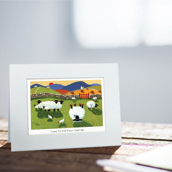 Put Your Feet Up Card | Thomas Joseph - Handmade in Ireland - Blank Greeting Card - Mini Print For Framing - Sheep Design - 130mm x 110mm