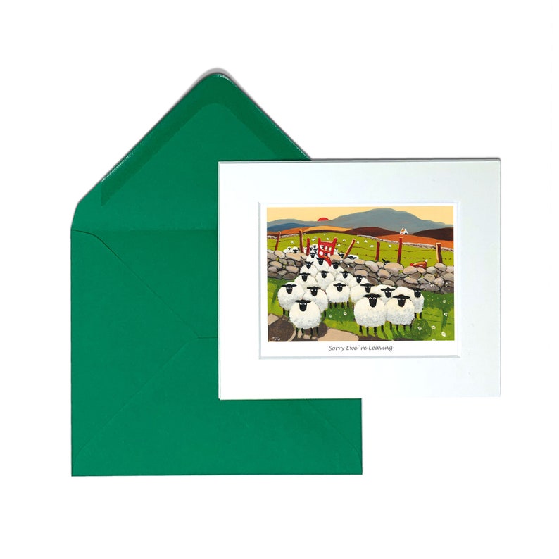 May include: A greeting card with a white background and a colorful illustration of a flock of sheep walking down a path. The sheep are white with black faces and the path is lined with a stone wall. The text "Sorry Ewe're Leaving" is printed below the illustration.