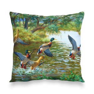Mallard Rising Cushion Cover | Julian Friers - Wildlife Artwork - Fine Art - 42cm x 42cm – Made in the UK - No Filler Included
