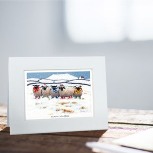 Tarjeta de invierno / Thomas Joseph - Hecho a mano en Irlanda - Tarjeta de felicitación en blanco - Mini impresión para enmarcar - Diseño de ovejas - 130 mm x 110 mm