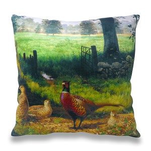 Pheasant Parkland Cushion Cover | Julian Friers - Wildlife Artwork - Fine Art - 42cm x 42cm – Made in the UK - No Filler Included