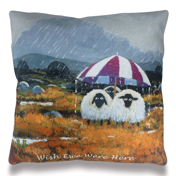 Wish Ewe Were Here Cushion Cover | Thomas Joseph - Sheep Artwork - 42cm x 42cm – Made in the UK - No Filler Included