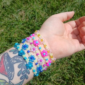 Hand Beaded Flower Themed Bracelets (Glow in the dark!)