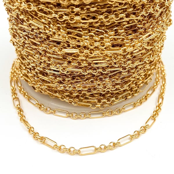 Mixed rolo paper clip chain, 3mm skinny oval link chain, 18k gold plated brass, bracelet and necklace, jewelry supplies