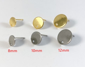 8mm 10mm 12mm Flat And Round Earring Posts, Hypoallergenic Stainless Steel Earring Findings