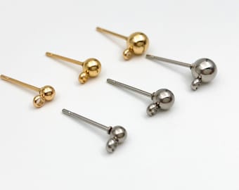 3mm 4mm 5mm Ball Earring Posts, Ball Earring Studs With Loops, Gold Plated Hypoallergenic Stainless Steel, Earring Findings, Jewelry Supply