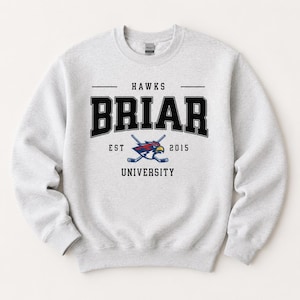 Op de afbeelding: Een lichtgrijs sweatshirt met de tekst "HAWKS BRIAR UNIVERSITY EST 2015" in zwart en wit. Het ontwerp bevat gekruiste hockeysticks en een havikenlogo in rood, blauw en geel.