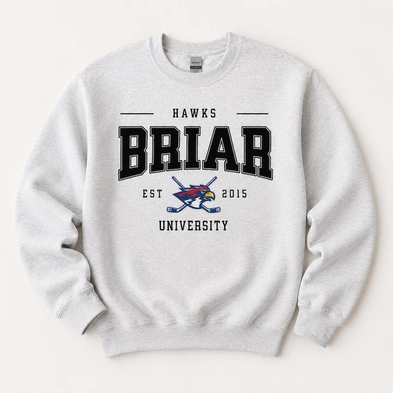 Op de afbeelding: Een lichtgrijs sweatshirt met de tekst "HAWKS BRIAR UNIVERSITY EST 2015" in zwart en wit. Het ontwerp bevat gekruiste hockeysticks en een havikenlogo in rood, blauw en geel.