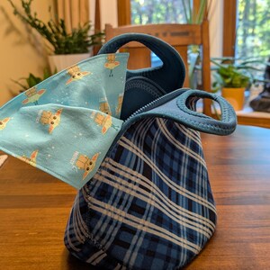 May include: A blue and white plaid lunch bag with a zipper closure and a handle. The bag is open and a blue fabric with a repeating pattern of a green character is visible inside.