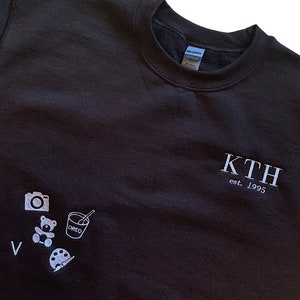 Puede incluir: Sudadera negra con texto blanco que dice "KTH est. 1995". La sudadera tiene un peque&ntilde;o gr&aacute;fico blanco de una c&aacute;mara, un osito de peluche, una taza con una cuchara y una paleta de pintura en la parte delantera.