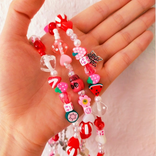 Mixed Beaded Necklace , Necklace indie, necklace aesthetic, necklace y2k, necklace 90s, kidcore necklace, red version