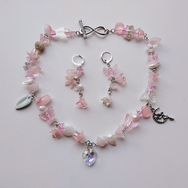 Pink Floral Necklace Earrings Set with Swarovski heart charm, Fairy Core Pastel Necklace