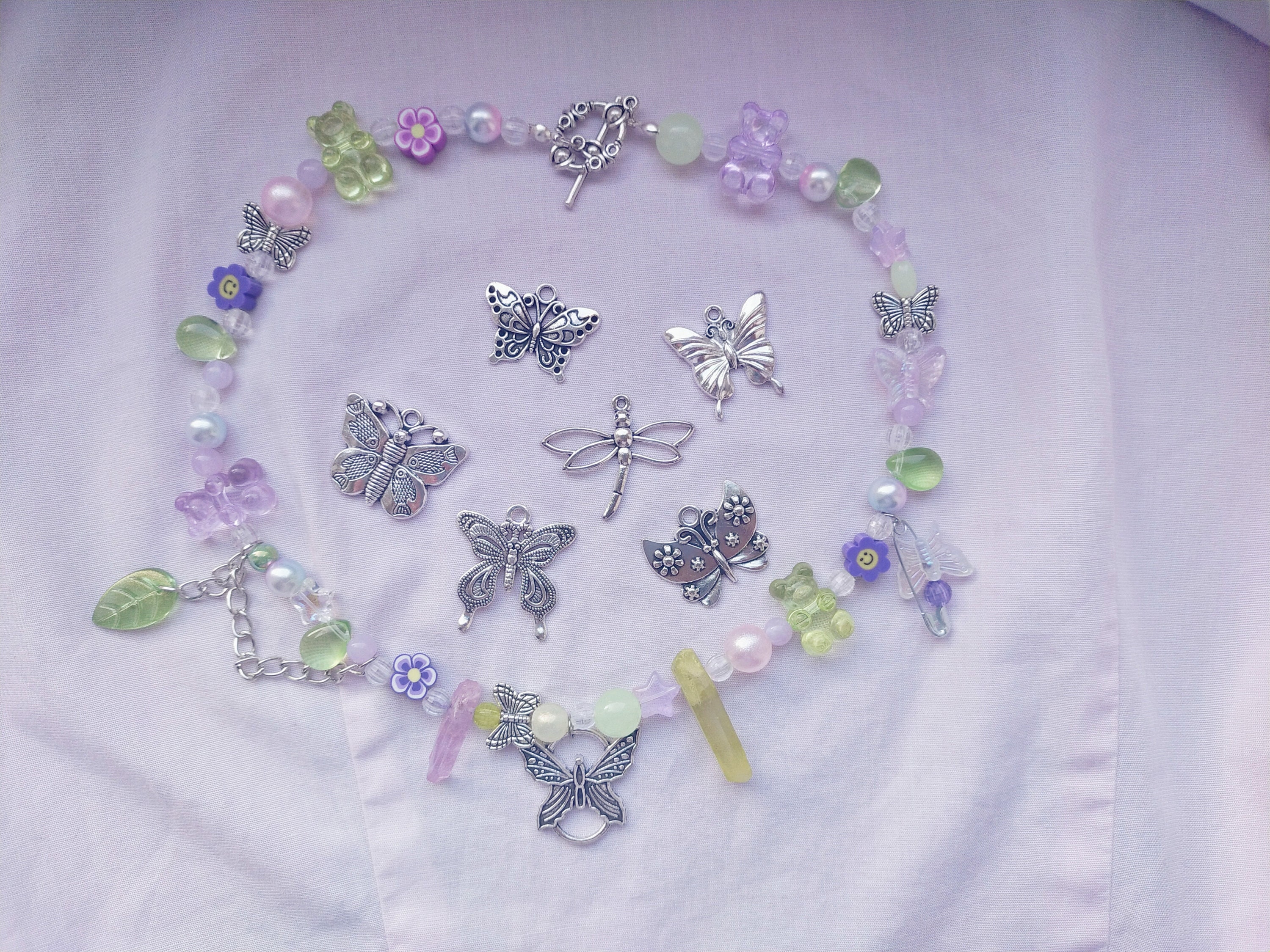 Green Purple Fairy core Necklace with butterfly charm, Fairy Core Pastel Necklace