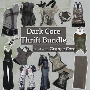 May include: A collection of clothing items including a gray t-shirt, striped dress, graphic tops, a black corset dress, a long skirt, and leg warmers. The text "Dark Core Thrift Bundle mixed with Grunge Core" is centered over the various garments.