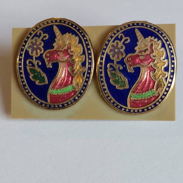 Unicorn Vintage Genuine Cloisonne Art Deco Clip Earrings