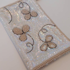 Cartera de mano con perlas y lentejuelas de La Regal NY, estilo vintage japonés, iridiscente, monedero, moda de mediados de siglo, pieza llamativa, japonesa