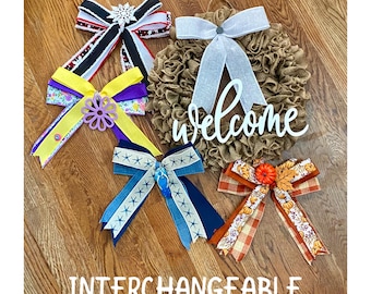 Interchangeable Burlap Wreath, Seasonal Bow bundle includes a Winter Spring Summer and Fall Magnetic Bows, Welcome Door, Housewarming gift