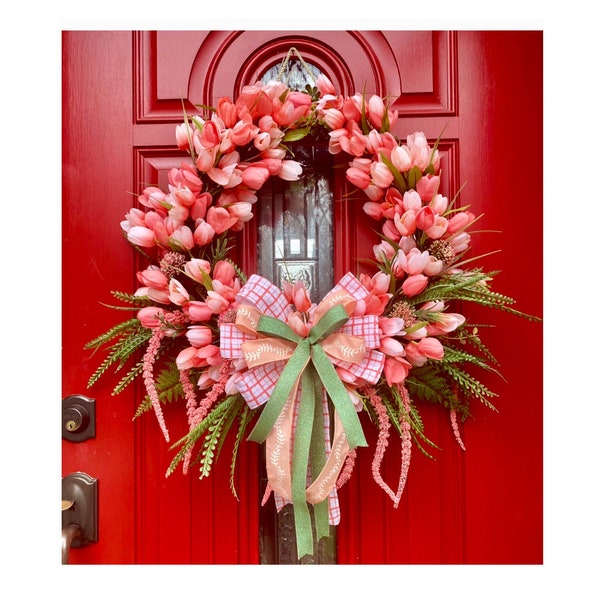 Tulip Grapevine Wreath, Peach Tulips, Large floral door decor, Full Floral door hanger, Mother’s Day wreath gift, Garden inspired wall decor