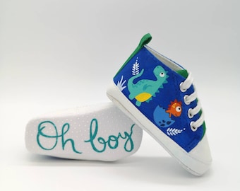 Custom HAND PAINTED Dinosaur baby shoes | Hand-painted Pram Shoes | Keepsake Gift
