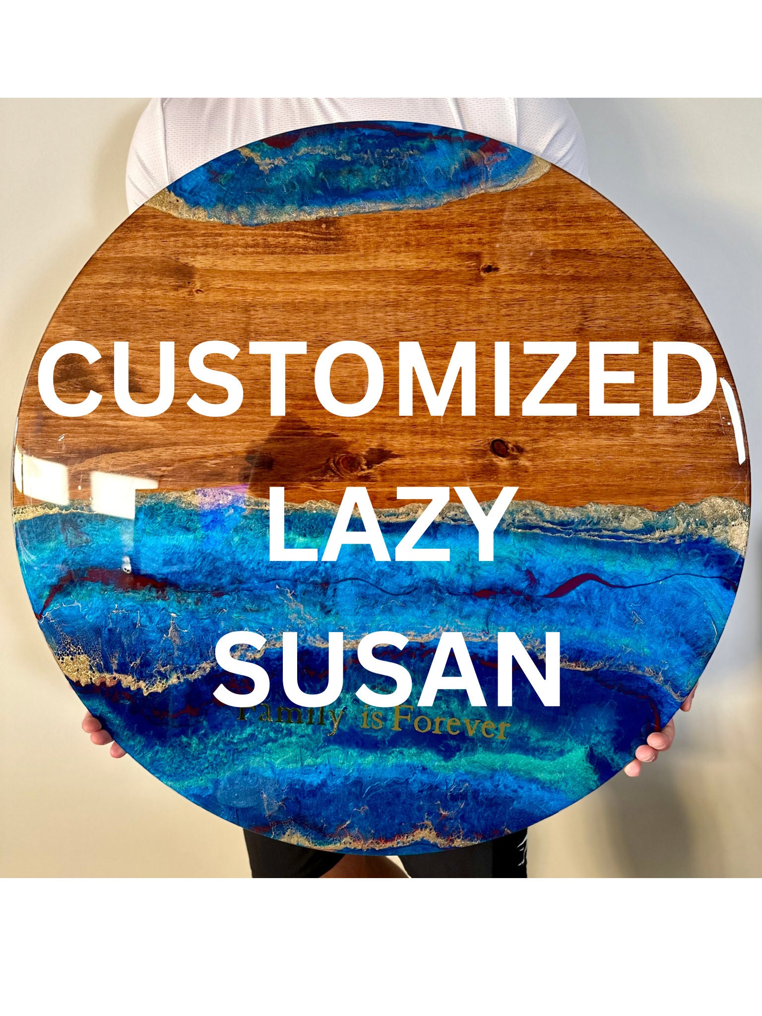 Blue Lazy Susan, Hand Poured Food Safe Epoxy Resin on Bamboo