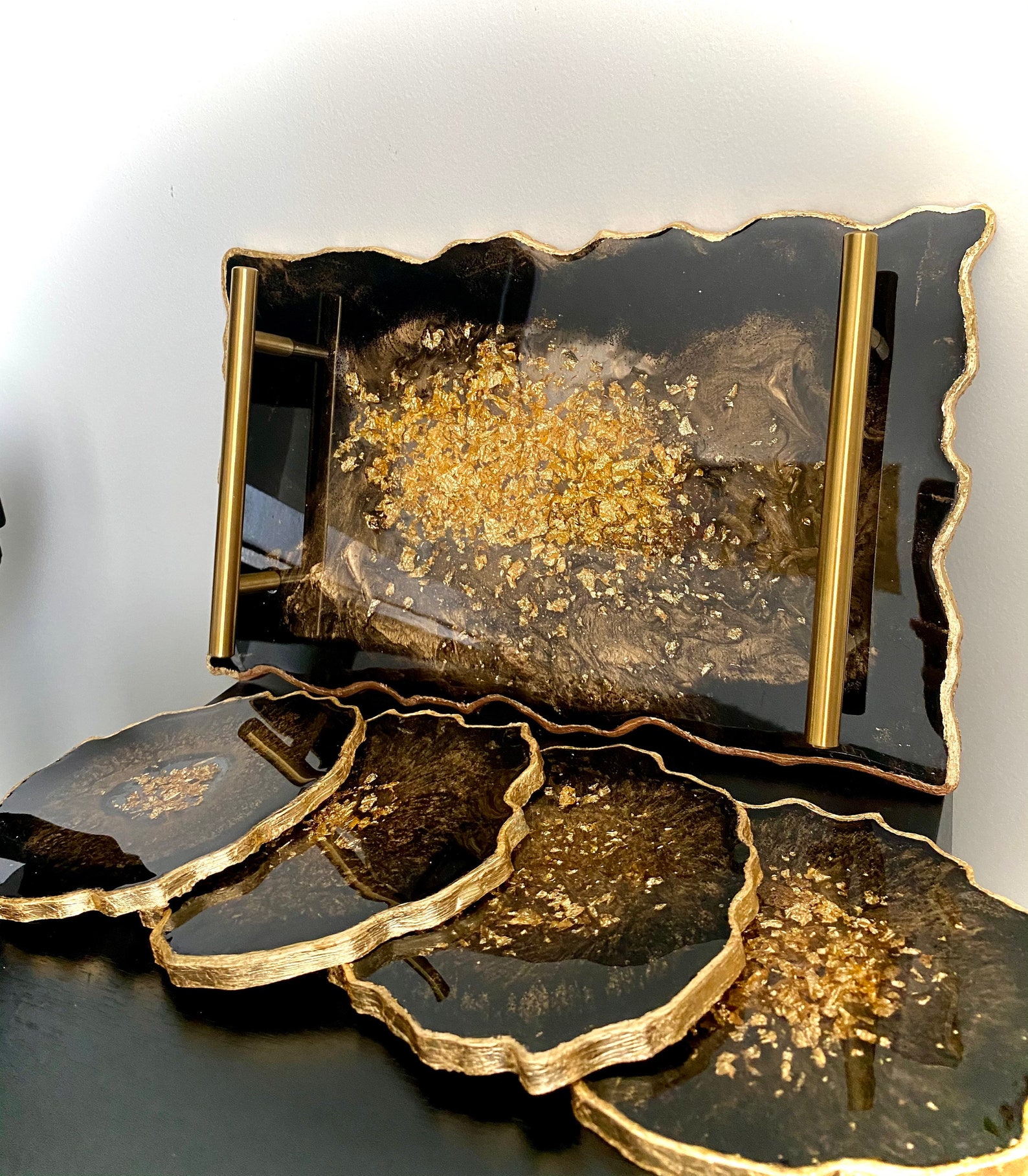 Resin Tray & Coaster Serving Set/resin Black Gold Tray With Handles/handmade Decorative Tray and