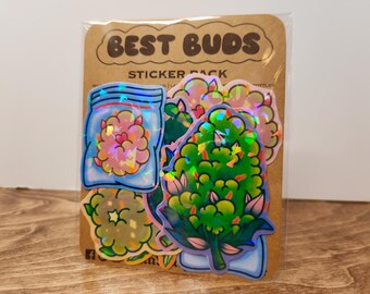 May include: A sticker pack with the text "BEST BUDS" on a brown cardboard backing. The pack contains several colorful, holographic stickers with cannabis-themed designs, including a jar and a cannabis bud.