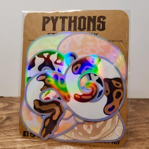 May include: A pack of stickers featuring colorful, holographic designs of pythons. The stickers are in various shapes and sizes, with a brown backing card that reads "PYTHONS". The stickers are water resistant.