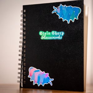 May include: Black spiral-bound notebook with a textured cover. The notebook is adorned with two colorful stickers of stylized insect-like creatures and a green and white sticker that reads "Stain Sharp Glassworks".