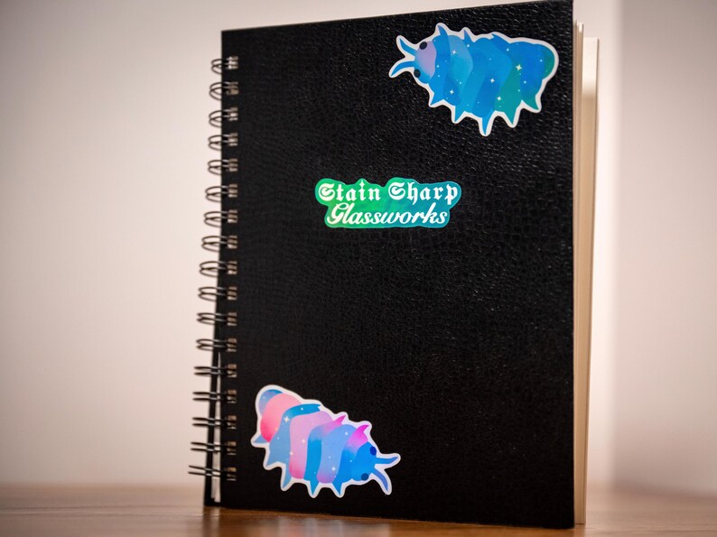 May include: Black spiral-bound notebook with a textured cover. The notebook is adorned with two colorful stickers of stylized insect-like creatures and a green and white sticker that reads "Stain Sharp Glassworks".